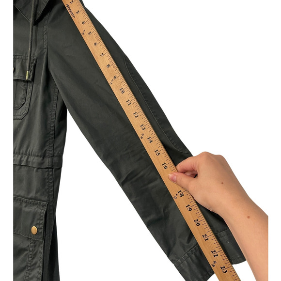 J Crew XS Waxed Cotton $240 Long Military Field Coat Hood Barn Jacket Army Green - Picture 12 of 13